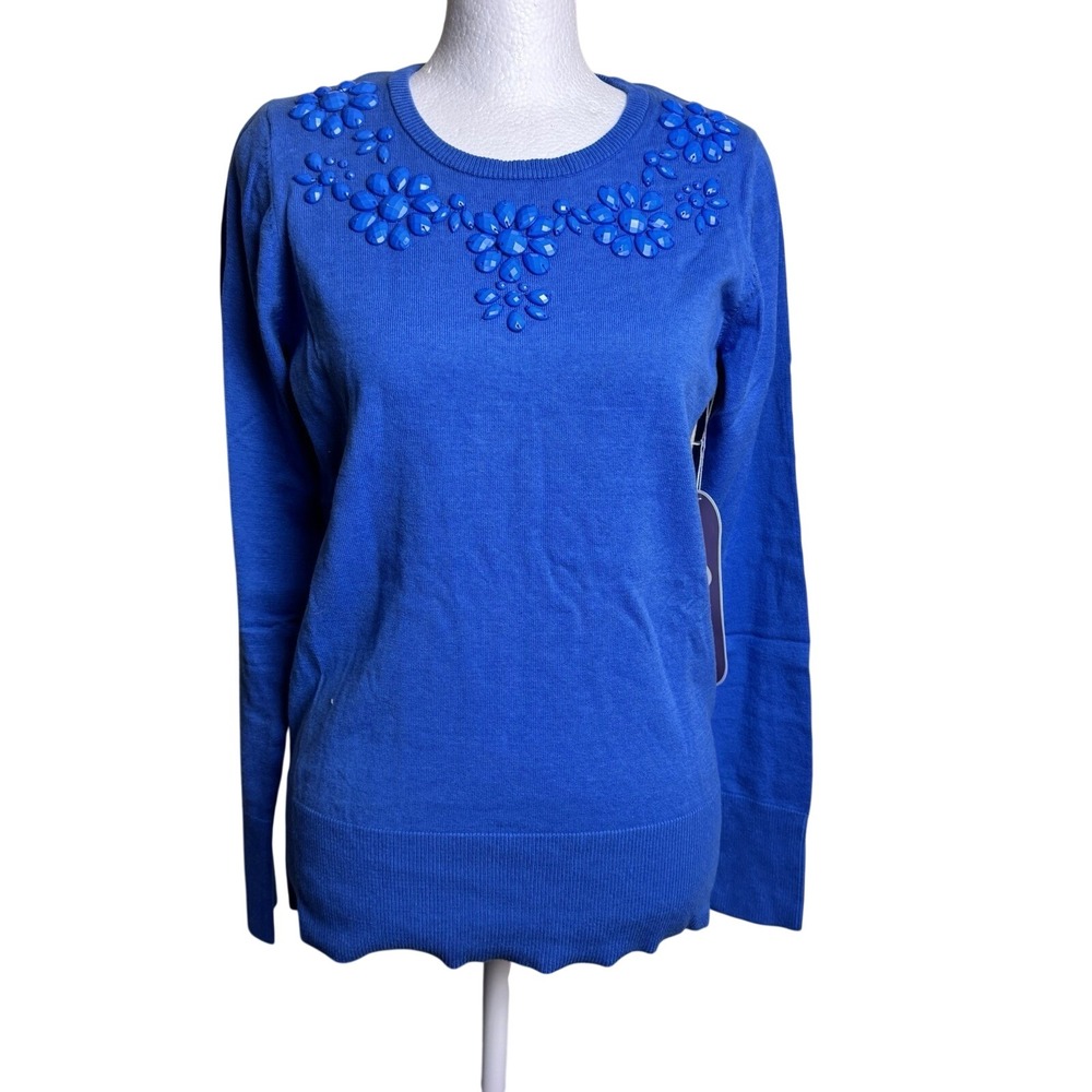 DG2 by Diane Gilman Women's Sweater NWT Blue Beaded Floral Size S Shoulder Pads